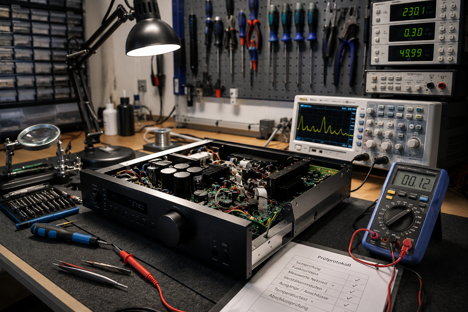 KI-generierte Visualisierung einer Fachwerkstatt für HiFi-, Video- und Fernsehtechnik